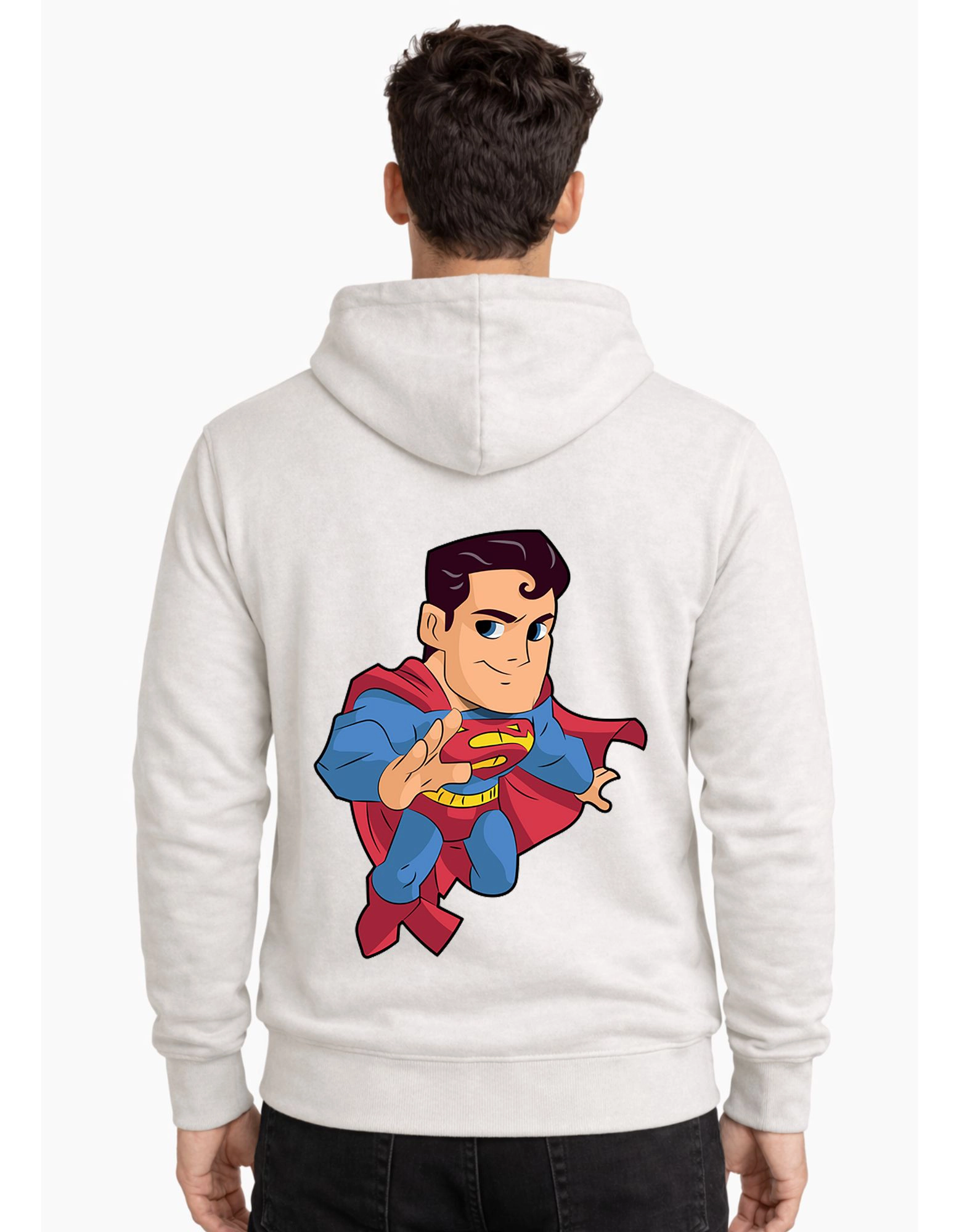 Superman Cartoon Graphic Polycotton Hoodie Without Zipper 300 GSM Half White