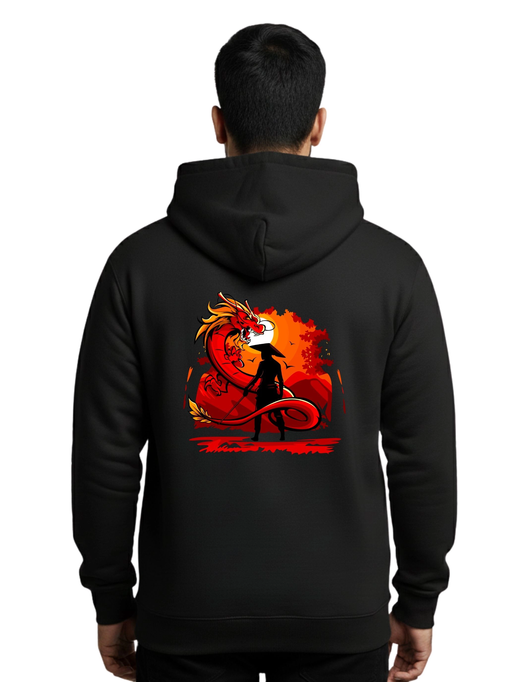 Swordsman Dragon Cotton Hoodie Without Zipper 300 GSM Black