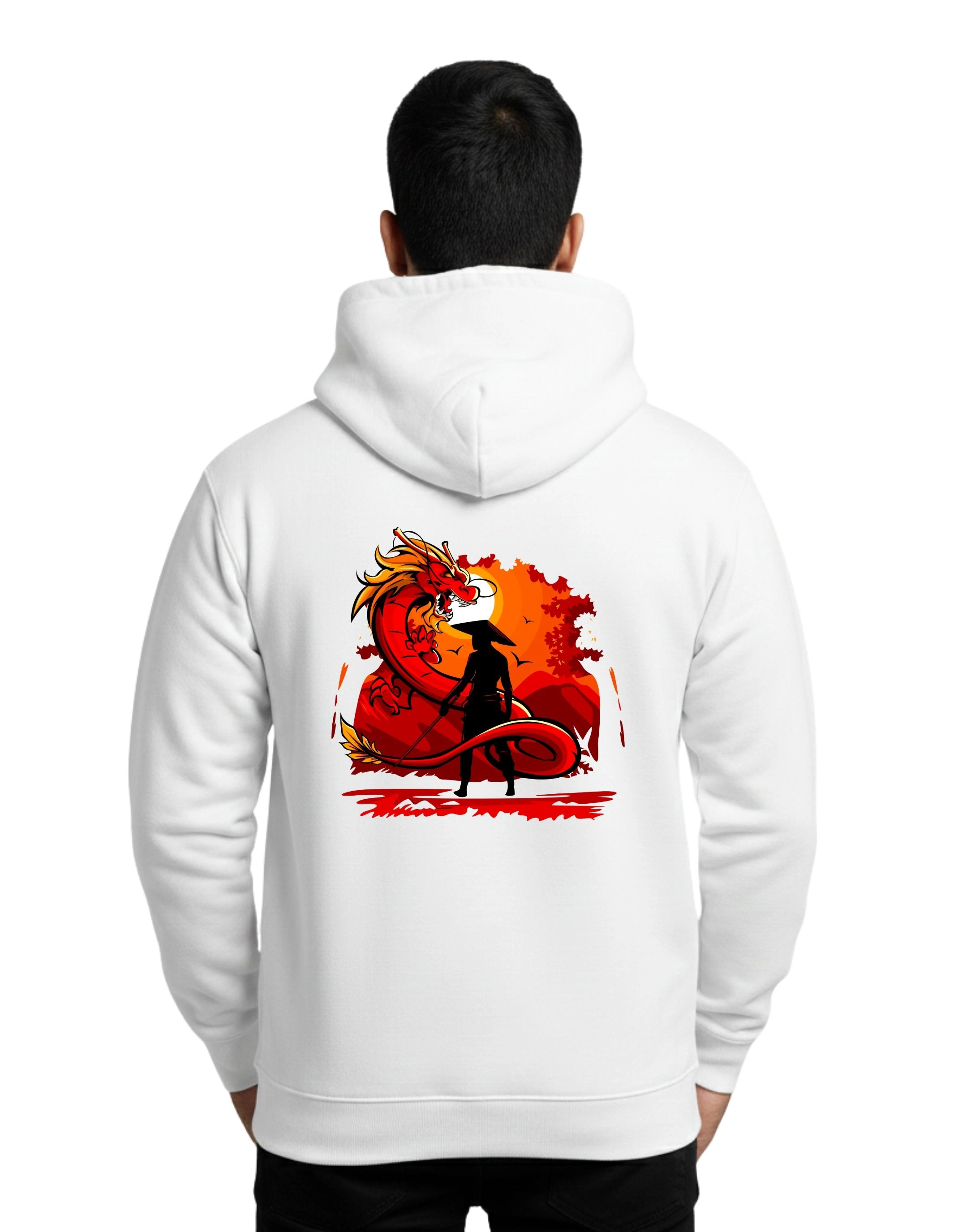 Swordsman Dragon Cotton Hoodie Without Zipper 300 GSM White
