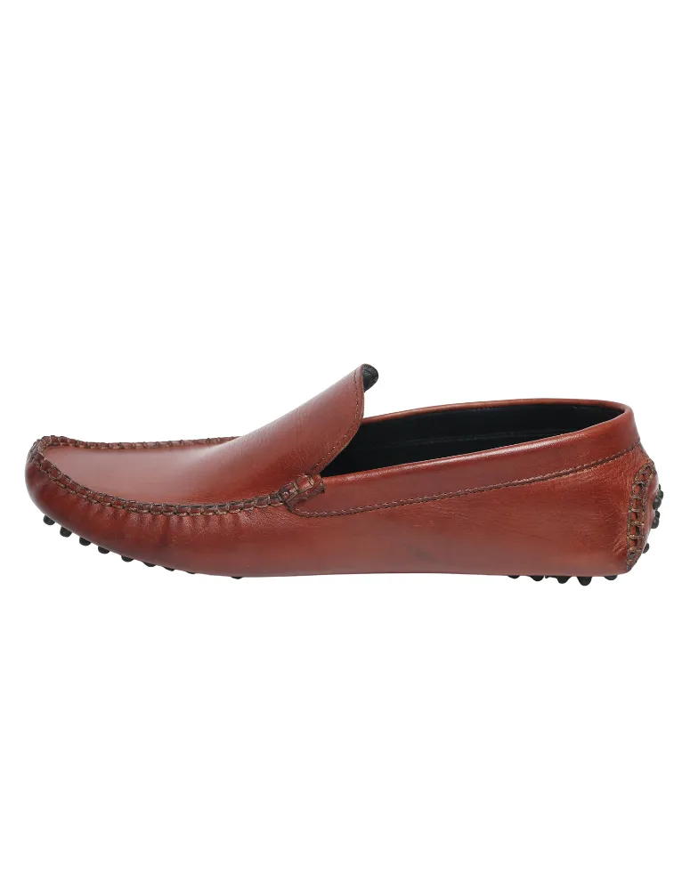 Tan Button Flex Driver Genuine Leather Loafers