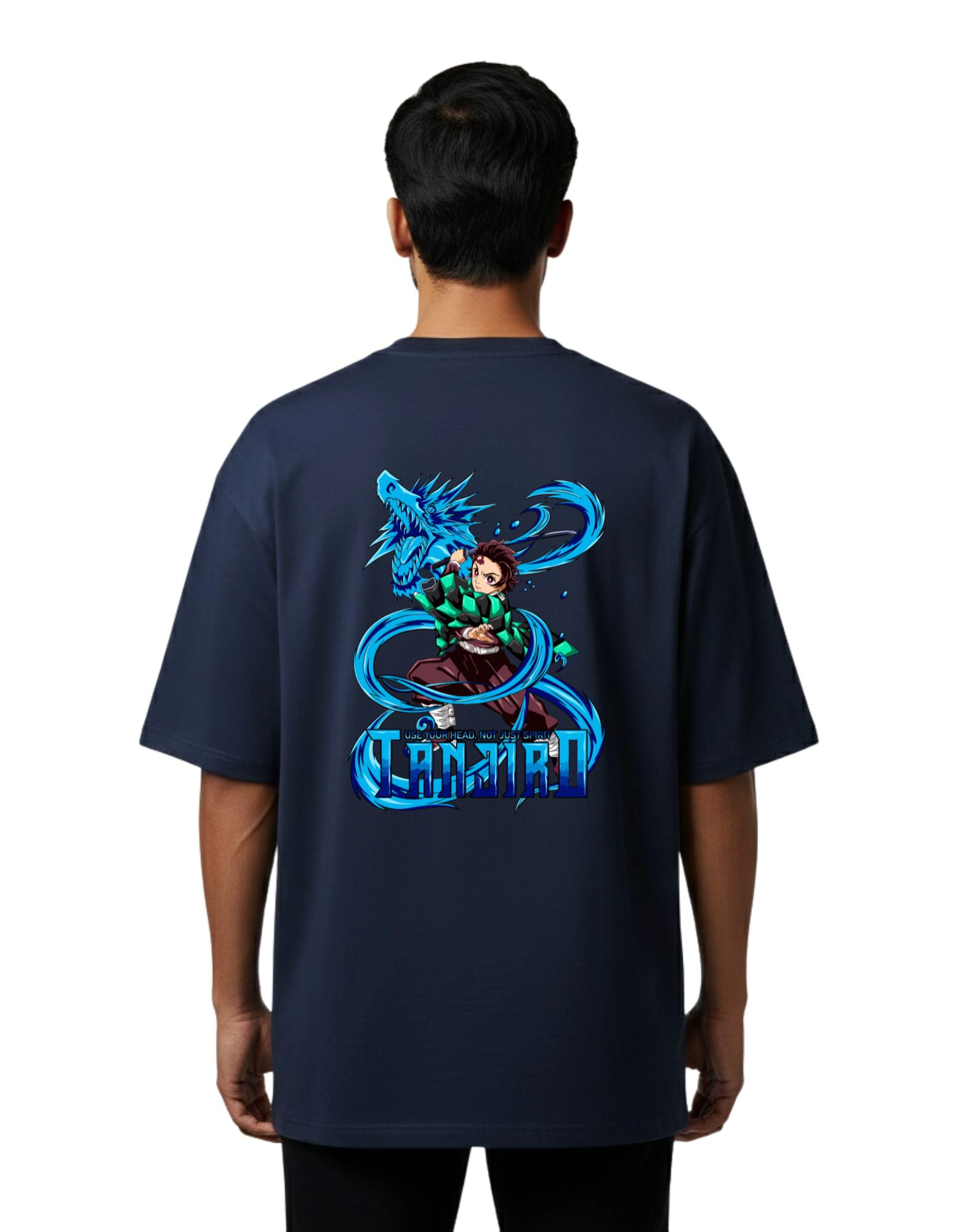 Tanjiro Anime Oversize Cotton French Terry T-Shirt 240 GSM Navy Blue