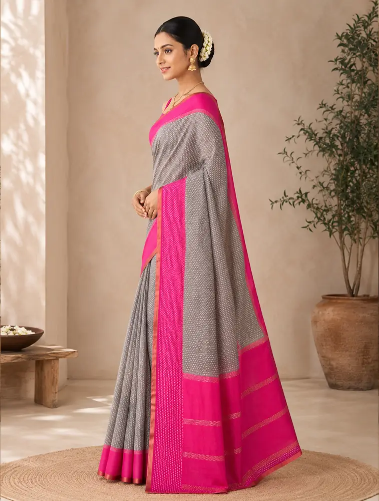 Taupe And Pink  Womens Pure Linen Premium Weaves Sarees