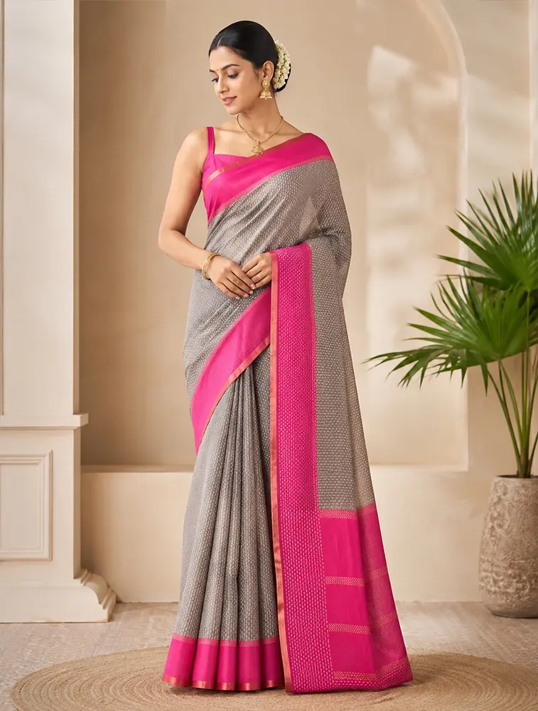 Taupe And Pink  Womens Pure Linen Premium Weaves Sarees  