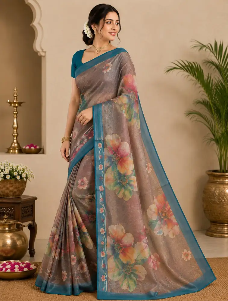 Taupe Brown Womens Printed Pure Linen Everyday Sarees Collection 