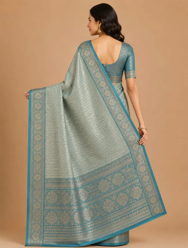 Teal  Blue   Womens  Premium Tissue Brocade 3 Card Saree