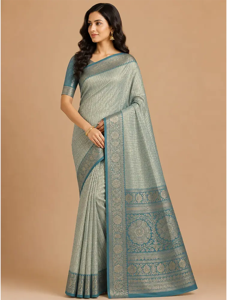 Teal Blue Womens Premium Tissue Brocade 3 Card Saree