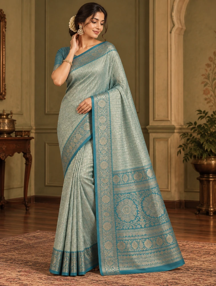 Teal  Blue Womens Elegant Tissue Brocade Saree with Rich Zari Border