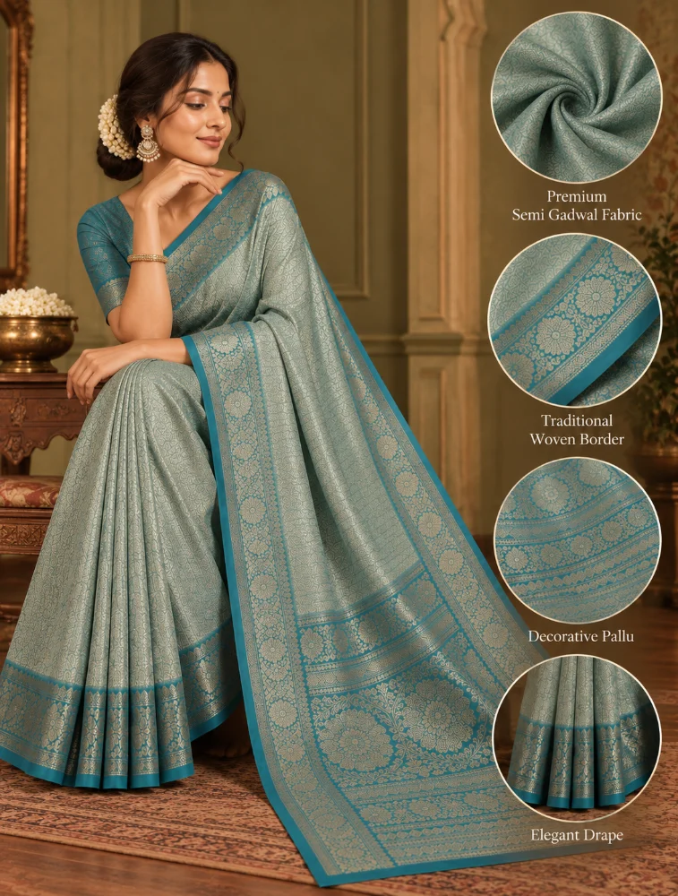 Teal  Blue Womens Elegant Tissue Brocade Saree with Rich Zari Border   