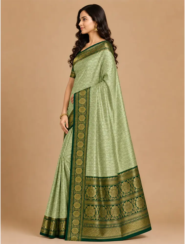 Teal  Green  Womens  Premium Tissue Brocade 3 Card Saree