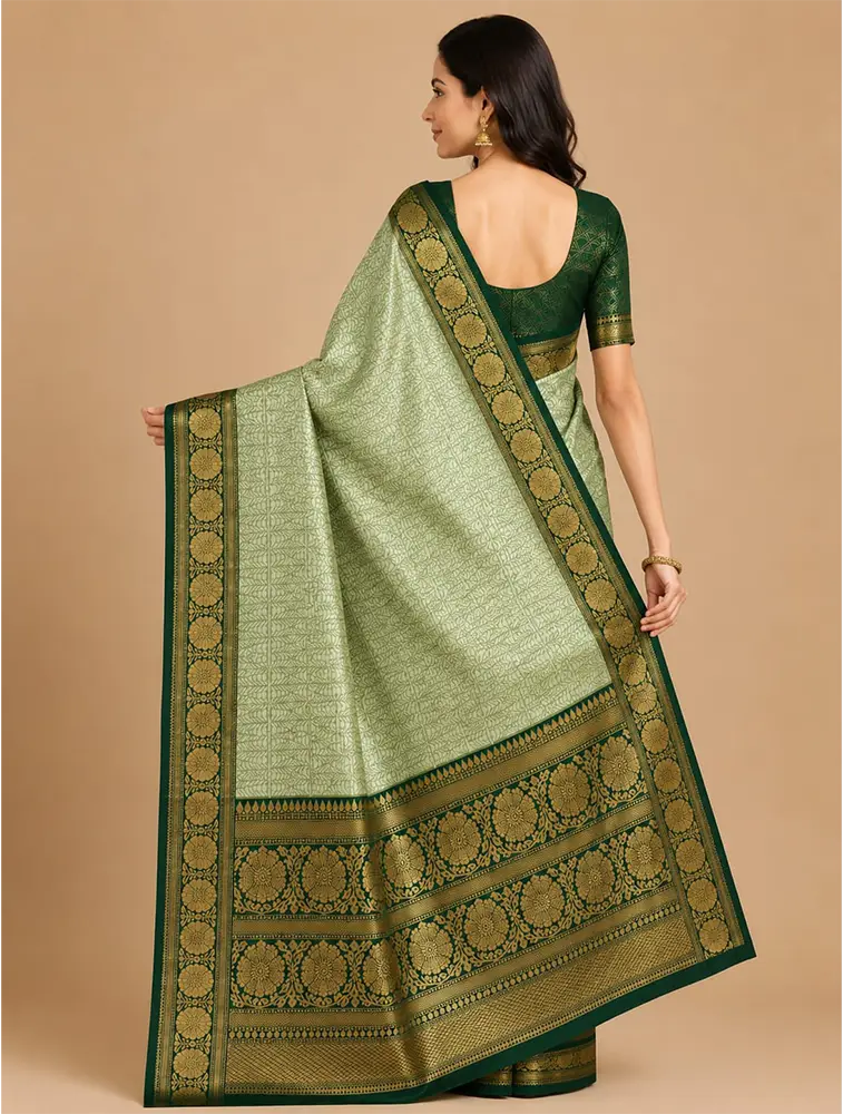 Teal Green Womens Premium Tissue Brocade 3 Card Saree