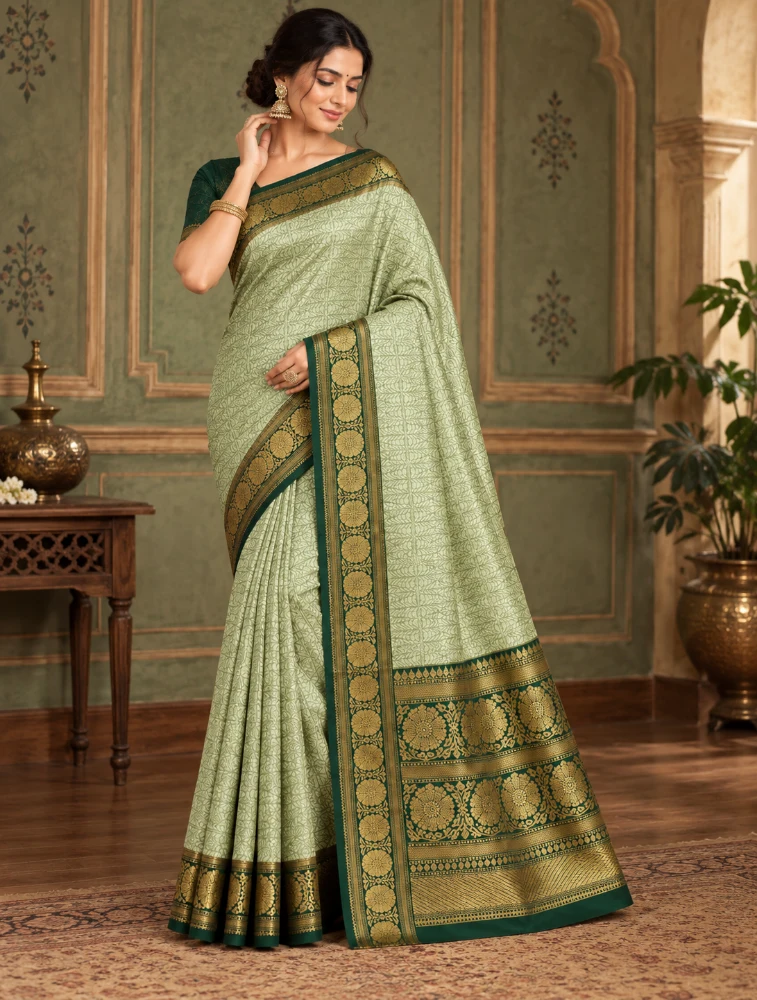 Teal  Green  Womens Elegant Tissue Brocade Saree with Rich Zari Border