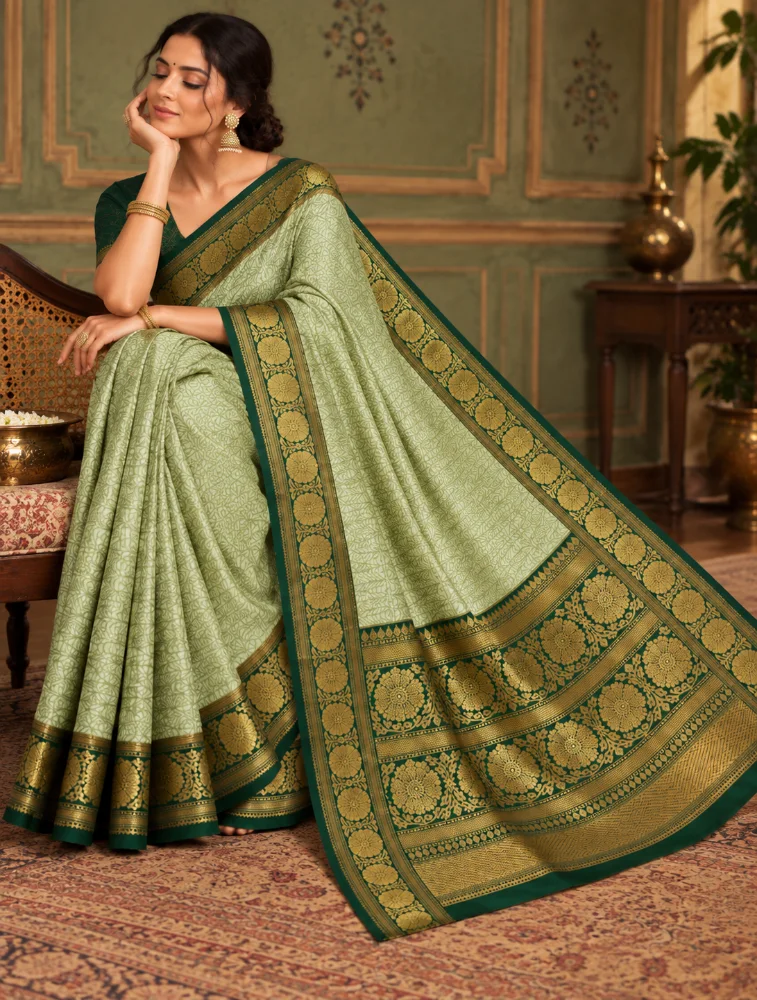 Teal  Green  Womens Elegant Tissue Brocade Saree with Rich Zari Border 