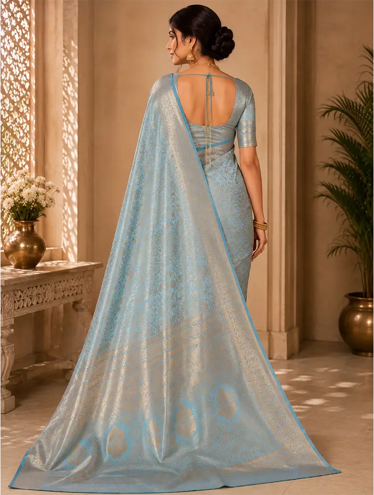 Teal Blue   Womens  Premium Tissue Brocade 3 Card Saree