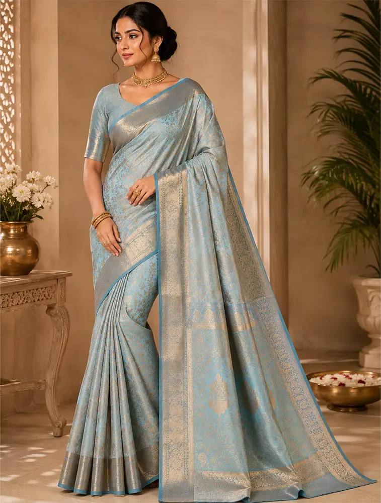 Teal Blue Womens Premium Tissue Brocade 3 Card Saree