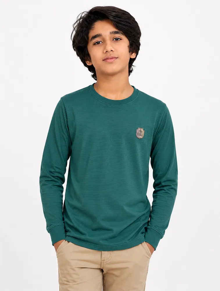 Teal Blue Kids Premium Solid Printed Round Full Sleeve T Shirt