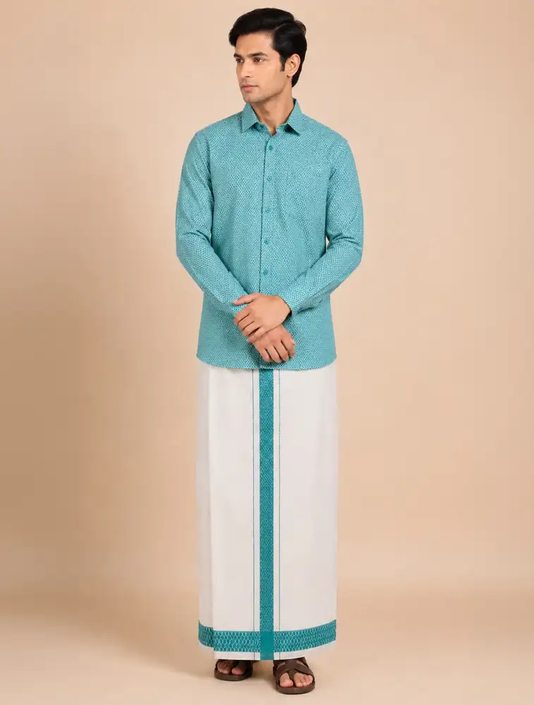 Teal Blue Mens Royal Prism Printed Shirt and Dhoti Sets 