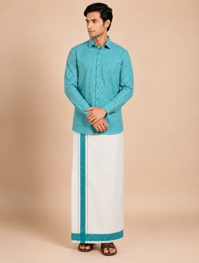 Teal Blue Mens Royal Prism Printed Shirt and Dhoti Sets