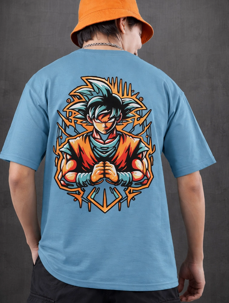 Teal Blue Saiyan Warrior Graphic Boys Oversized Cotton French Terry Half Sleeve Round Neck 220 GSM T shirt