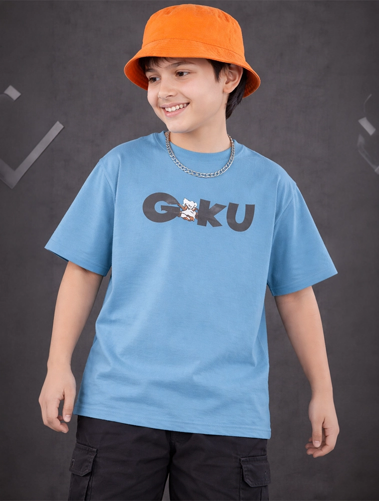 Teal Blue Saiyan Warrior Graphic Boys Oversized Cotton French Terry Half Sleeve Round Neck 220 GSM T shirt