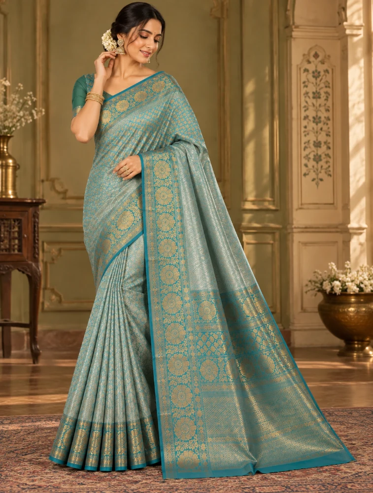 Teal Blue Womens Elegant Tissue Brocade Saree with Rich Zari Border