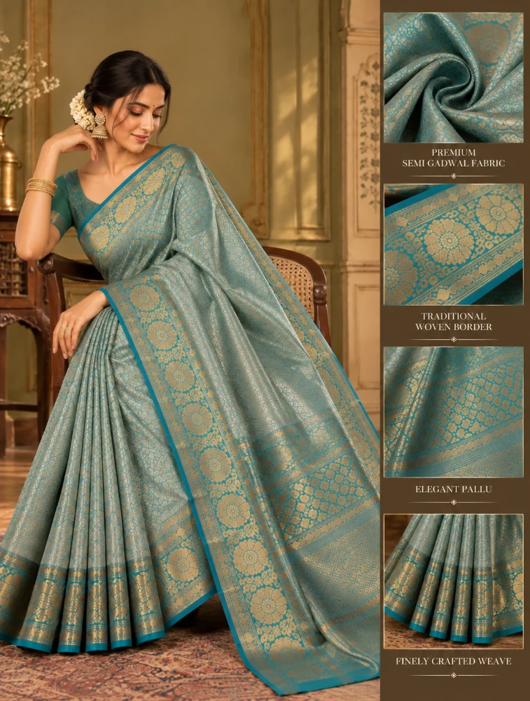 Teal Blue Womens Elegant Tissue Brocade Saree with Rich Zari Border    