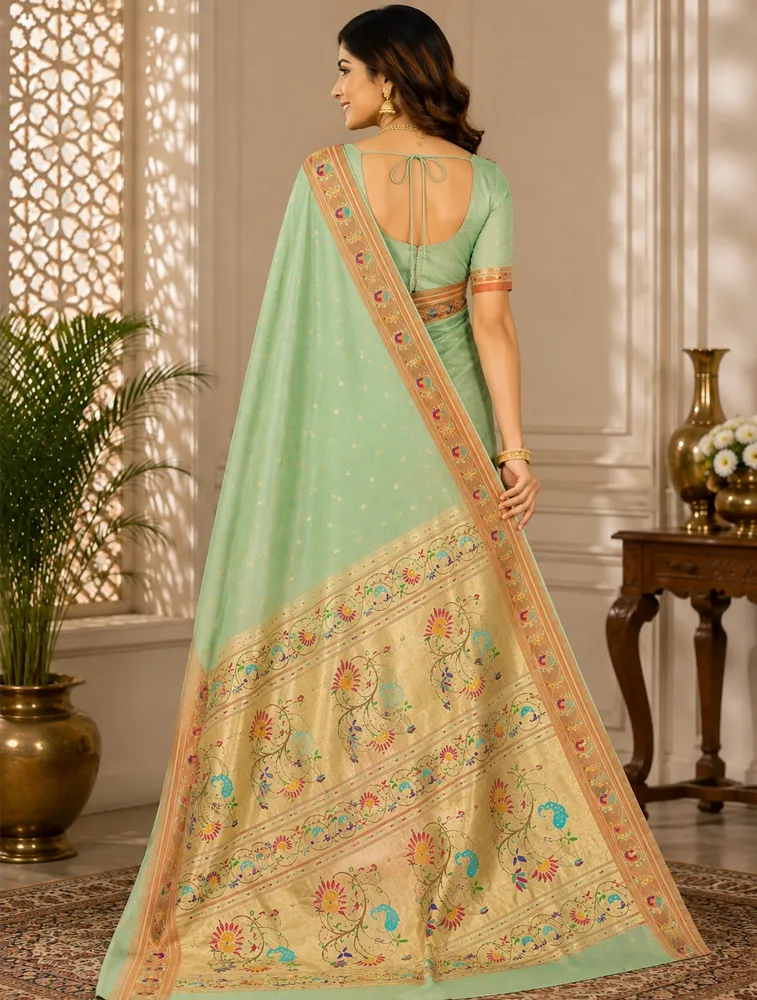 Teal Blue Womens Premium Semi Paitani Sarees With Flower Border
