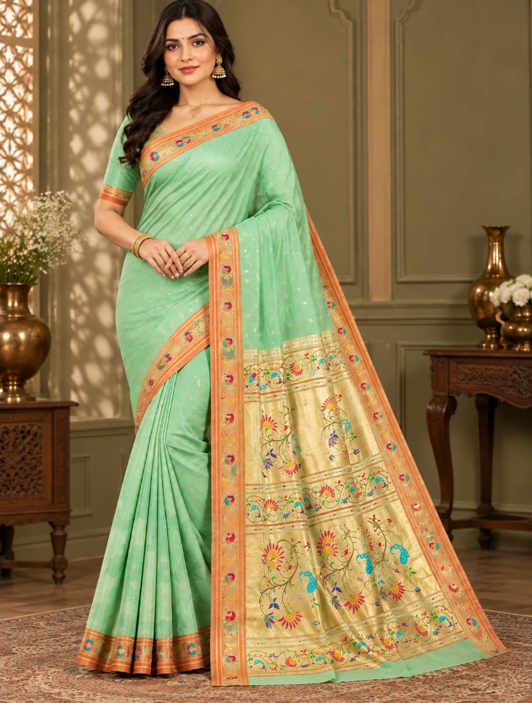 Teal Blue Womens Premium Semi Paitani Sarees With Flower Border