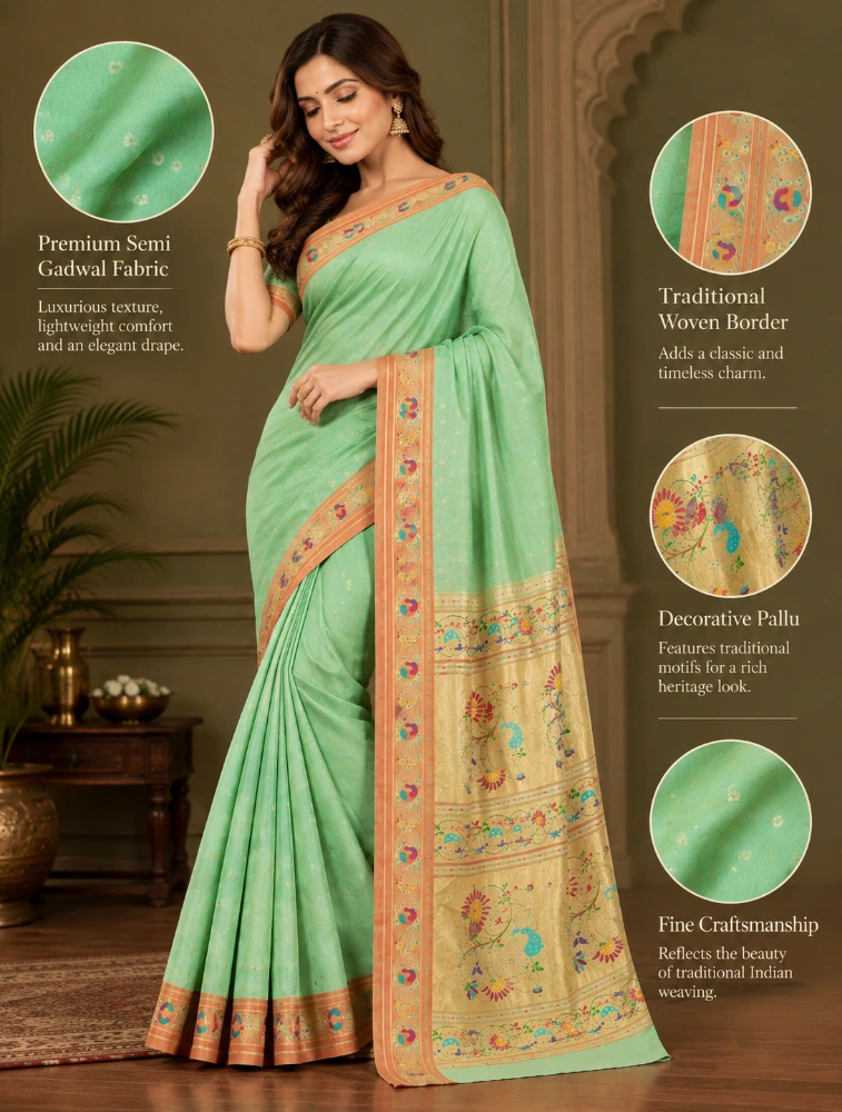 Teal Blue Womens Premium Semi Paitani Sarees With Flower Border