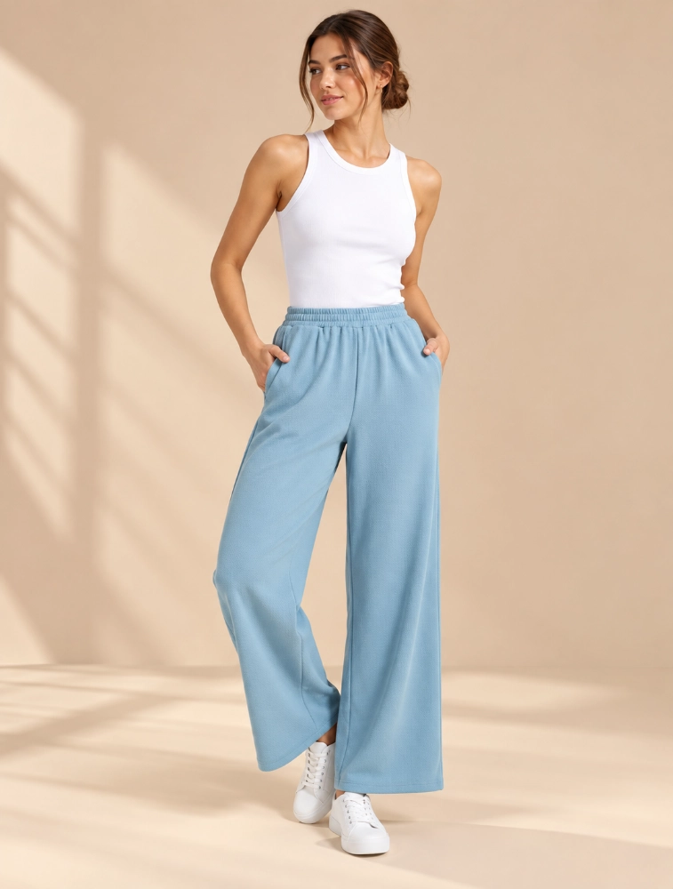 Teal Blue Womens Solid Wide Leg Palazzo Pant
