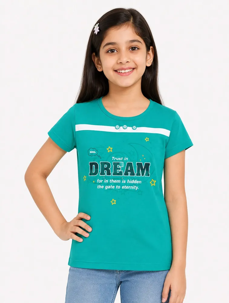 Teal Green Girls Graphic Printed Cotton Half Sleeve T Shirt