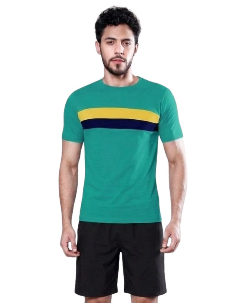 Teal Green Matty Multi Colourblocked Round Neck Half Sleeve 190GSM TShirts