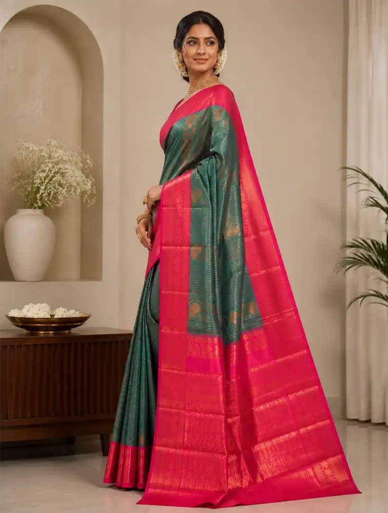 Teal Green Womens Rust Printed Linen Saree Collection 