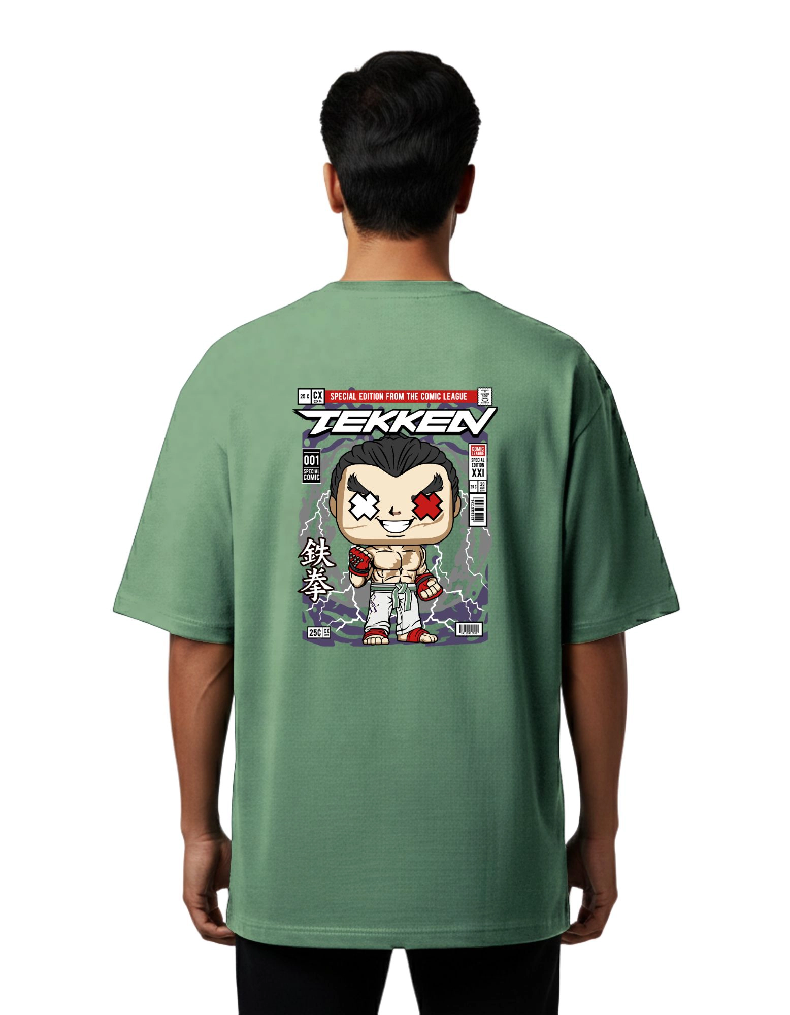 Tekken Fighter Oversize Cotton French Terry T-Shirt 240 GSM D Green