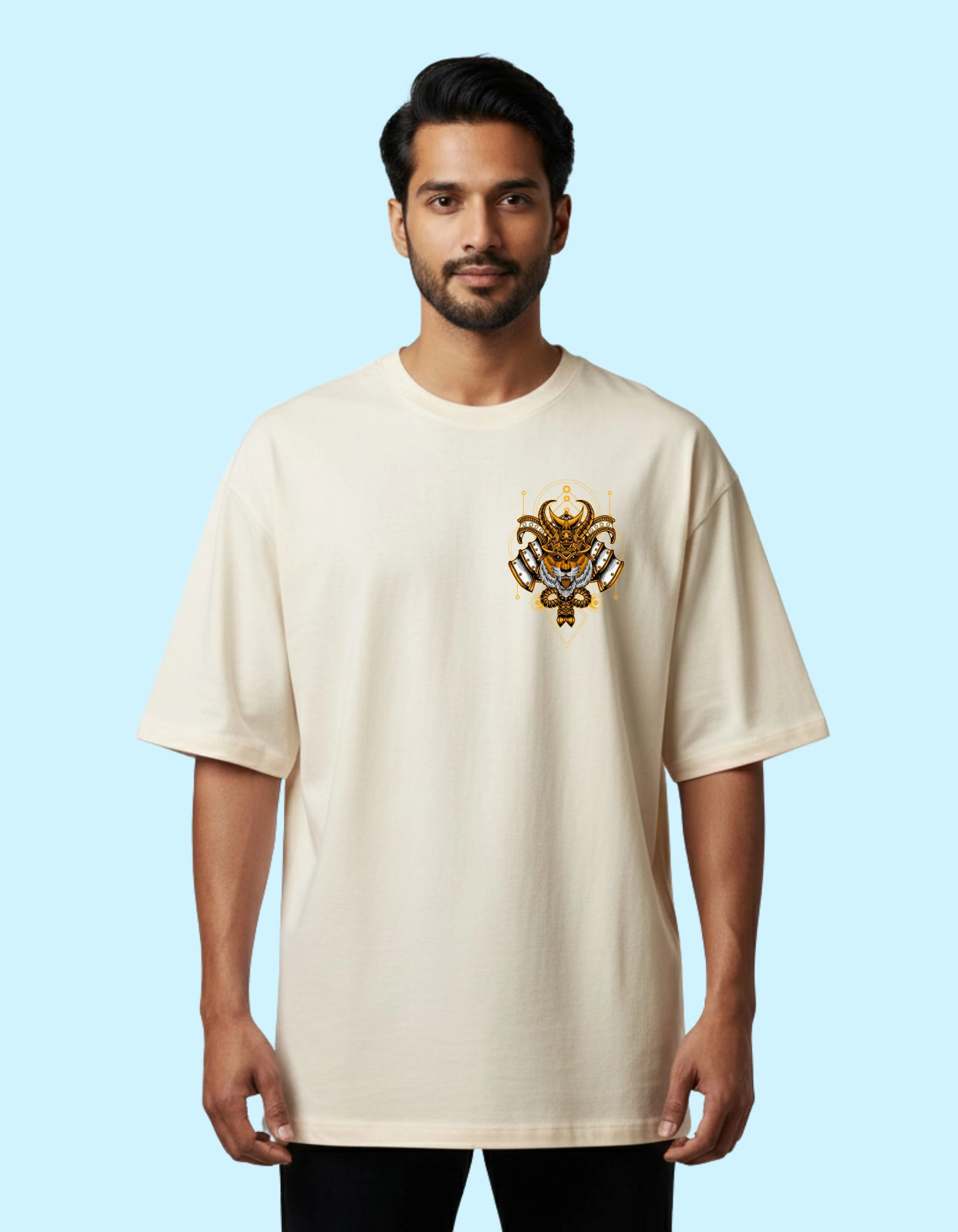 The Tiger Samurai Oversized French Terry Cotton T-Shirt 240 GSM Half Sleeve Beige