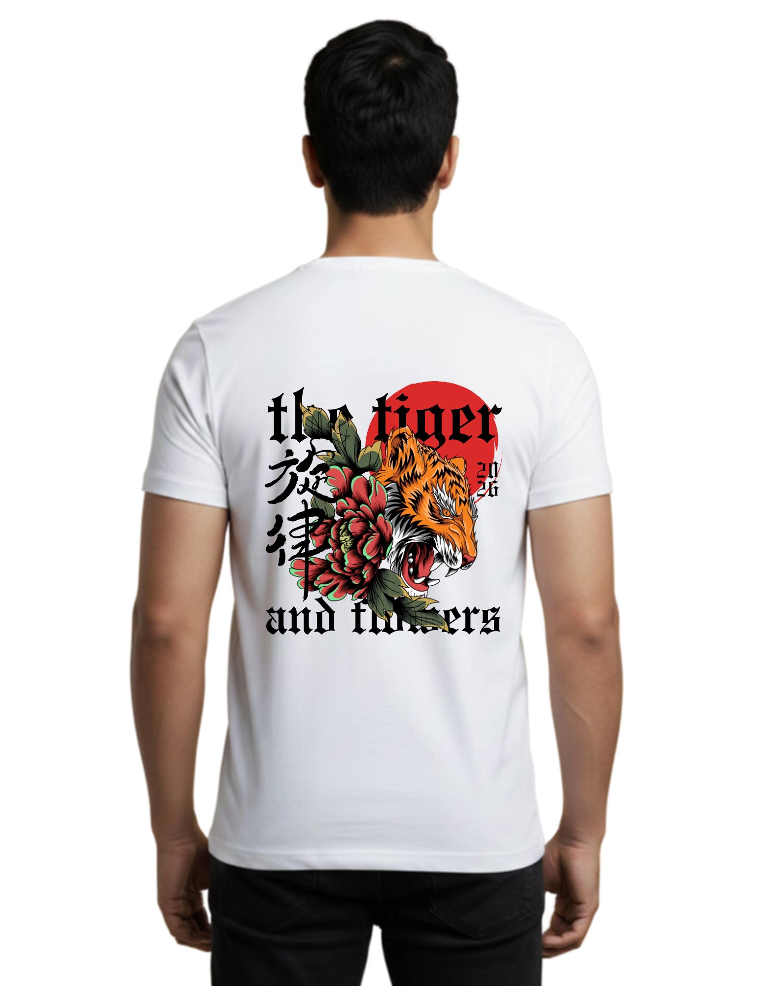 The Tiger and Flowers Round Neck T-Shirt 180 GSM Half Sleeve  White