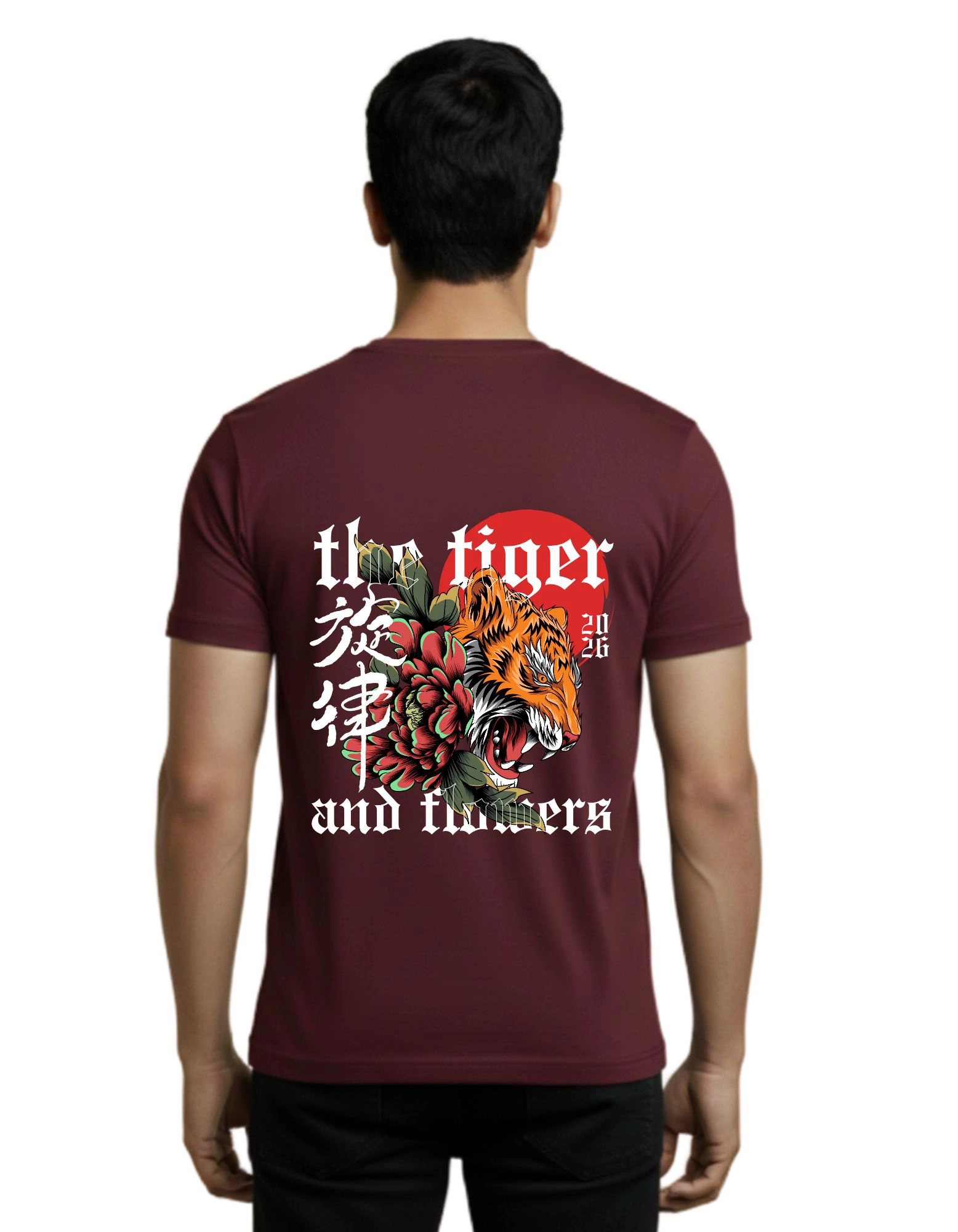 The Tiger and Flowers Round Neck T-Shirt 180 GSM Half Sleeve Maroon