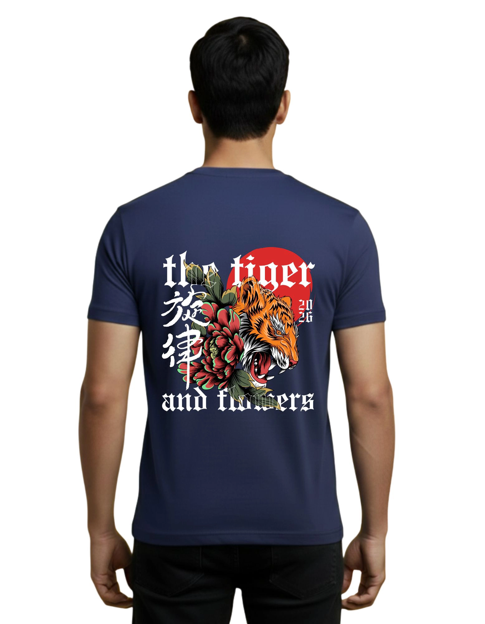 The Tiger and Flowers Round Neck T-Shirt 180 GSM Half Sleeve Navy Blue