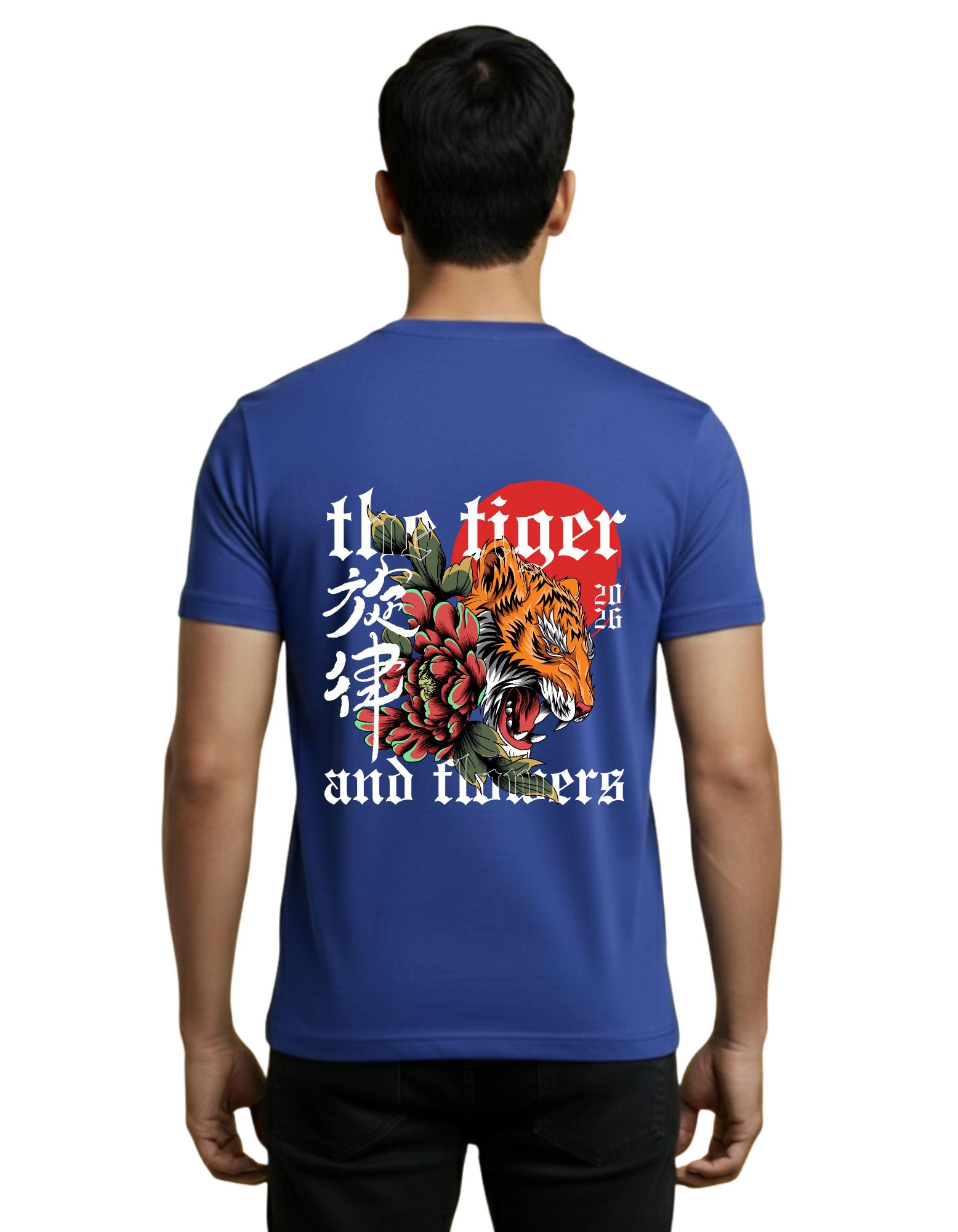 The Tiger and Flowers Round Neck T-Shirt 180 GSM Half Sleeve Royal Blue