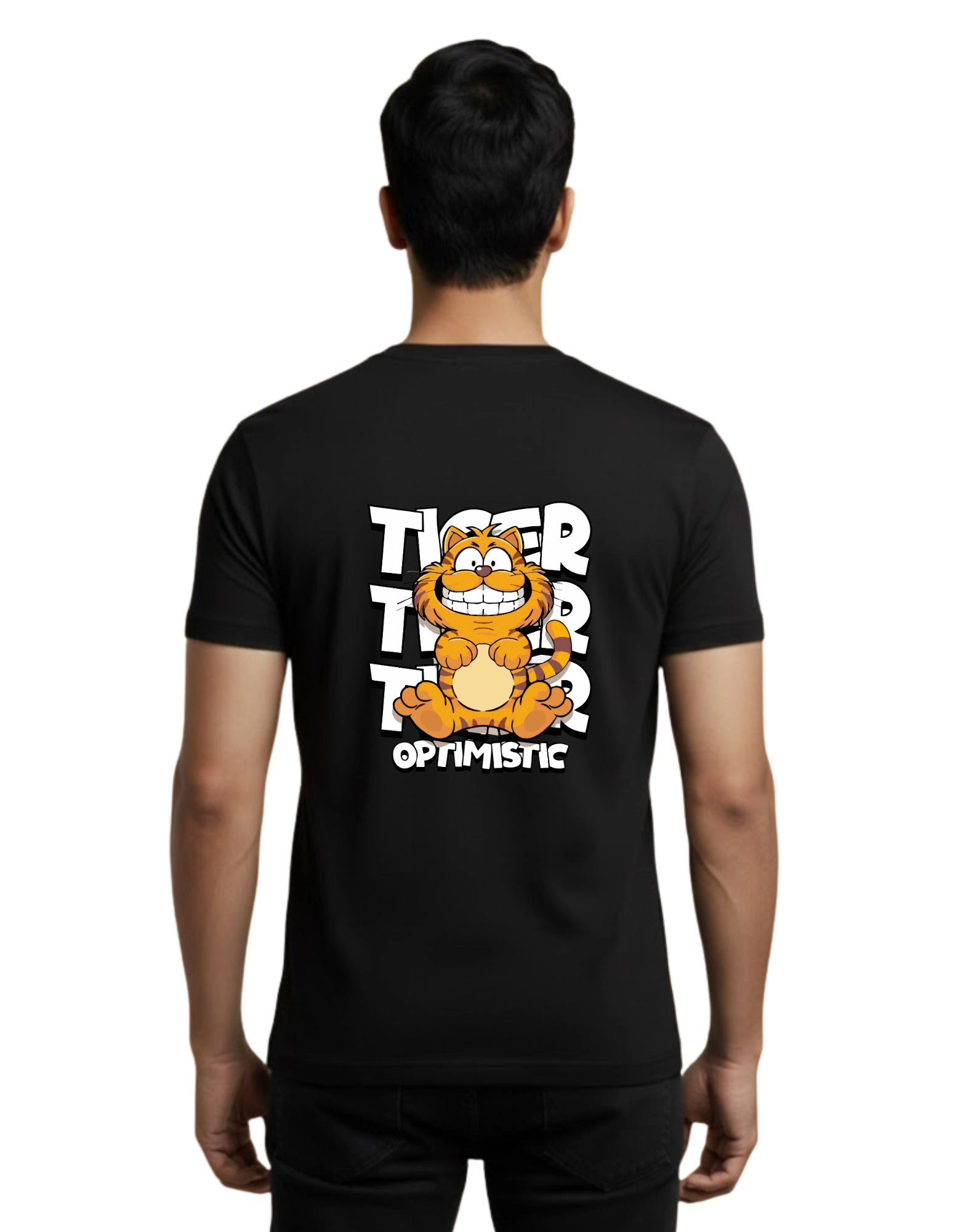 Tiger Optimistic Cartoon Graphic Cotton Round Neck 180 GSM T-Shirt Black