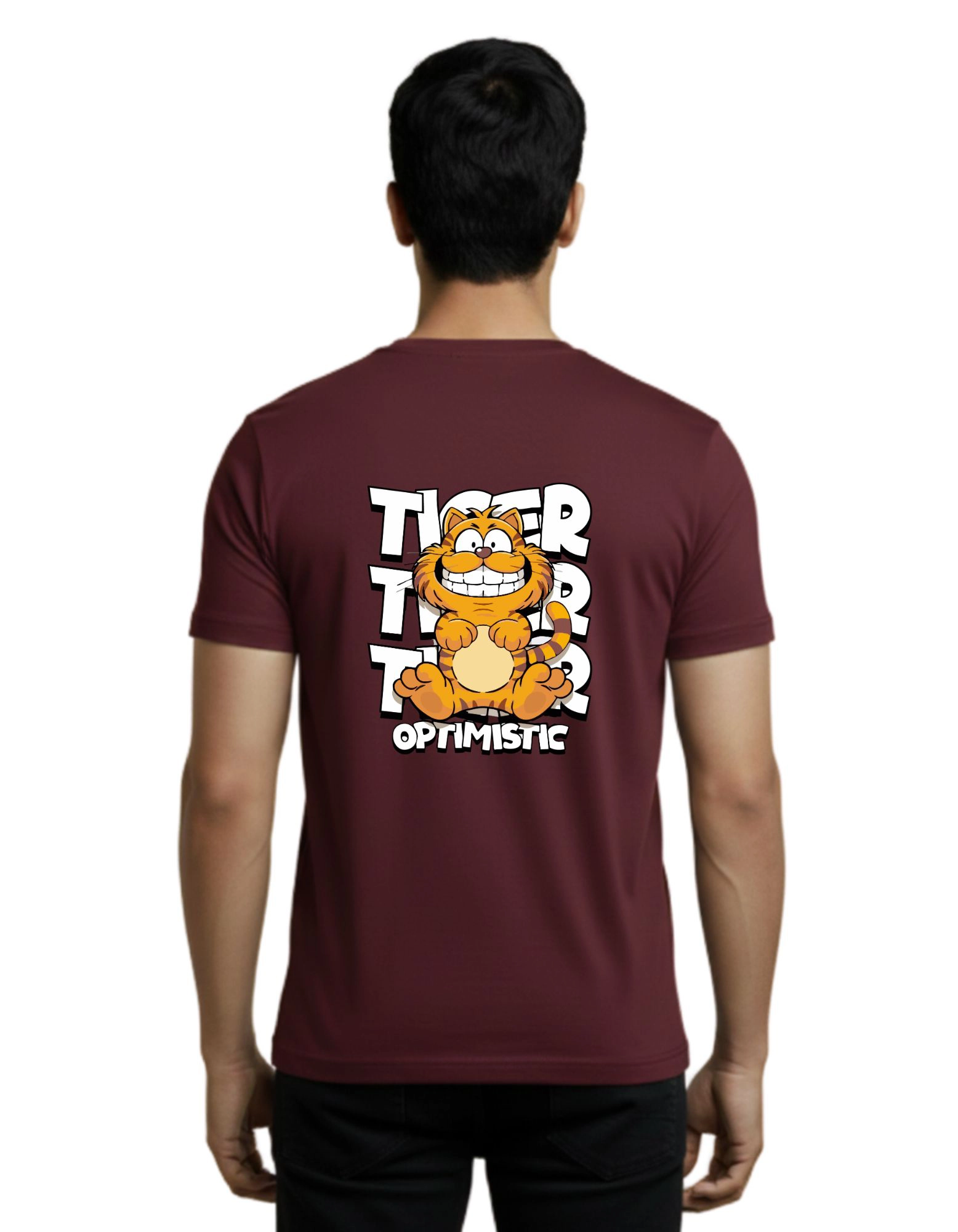 Tiger Optimistic Cartoon Graphic Cotton Round Neck 180 GSM T-Shirt Maroon
