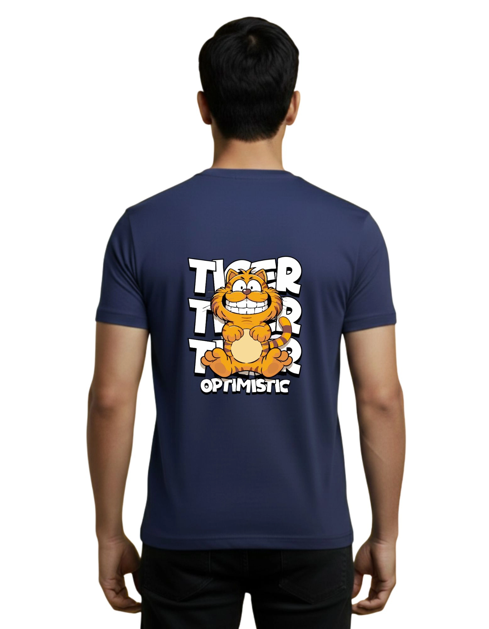 Tiger Optimistic Cartoon Graphic Cotton Round Neck 180 GSM T-Shirt Navy Blue