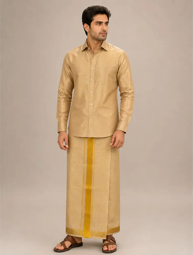 Tissue Gold Mens Traditional Tissue Cross Shirts and Dhoti Sets
