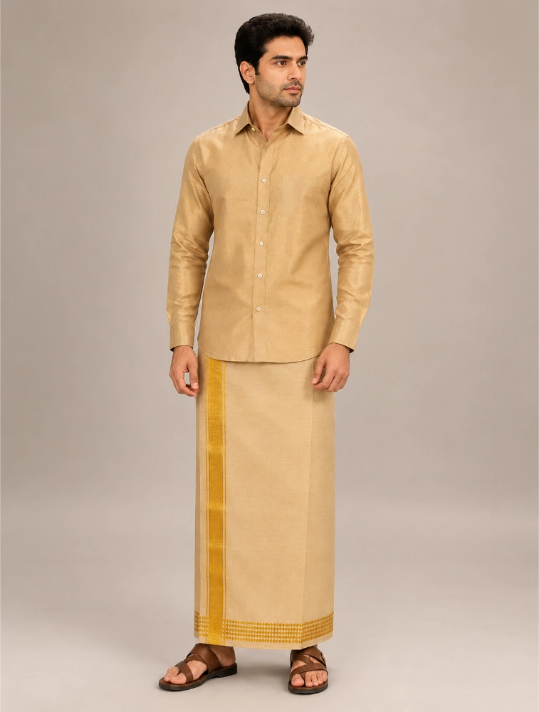 Tissue Gold Mens Traditional Tissue Cross Shirts and Dhoti Sets