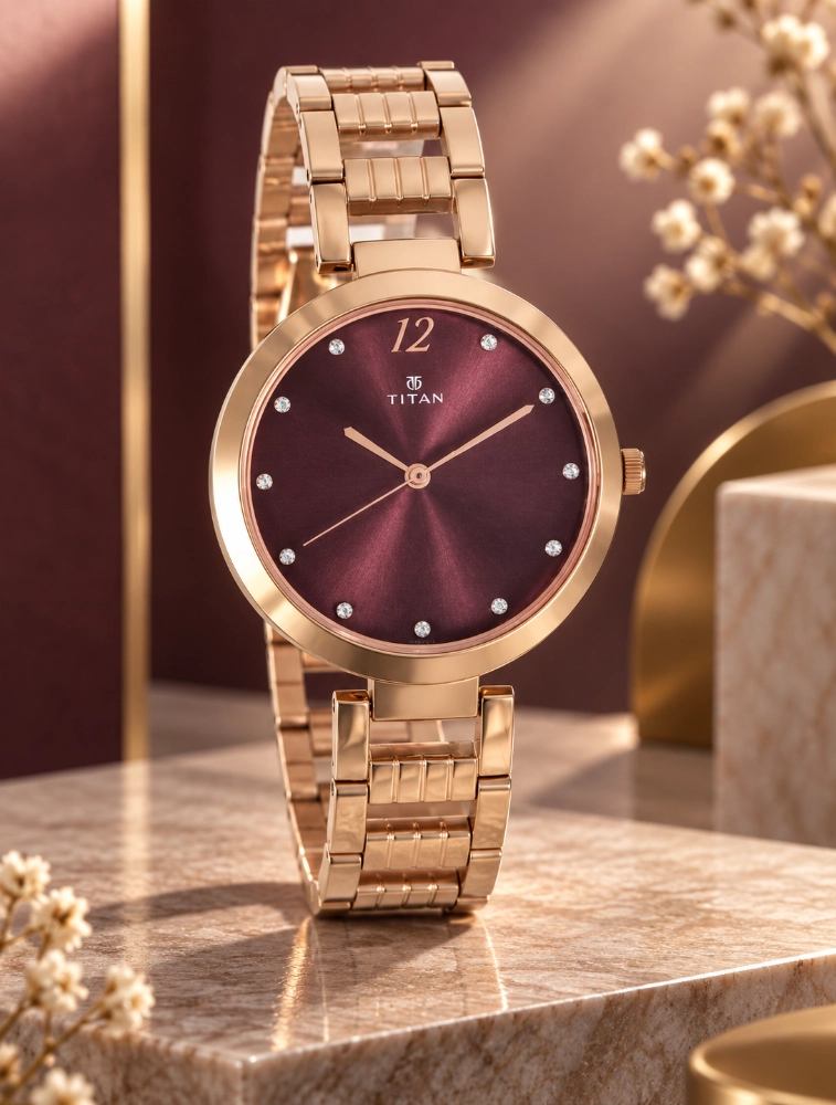 Titan Purple Sparkle Quartz Analog Purple Dial Rose Gold Stainless Steel Strap Watch For Women NU2480WM02