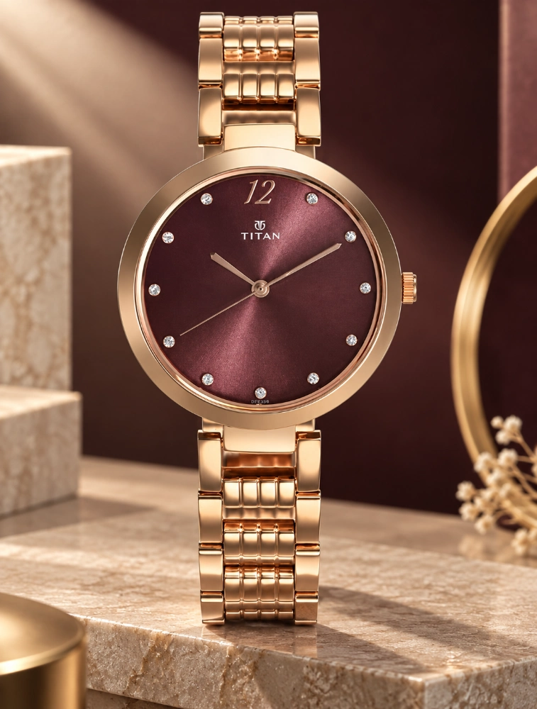 Titan Purple Sparkle Quartz Analog Purple Dial Rose Gold Stainless Steel Strap Watch For Women NU2480WM02