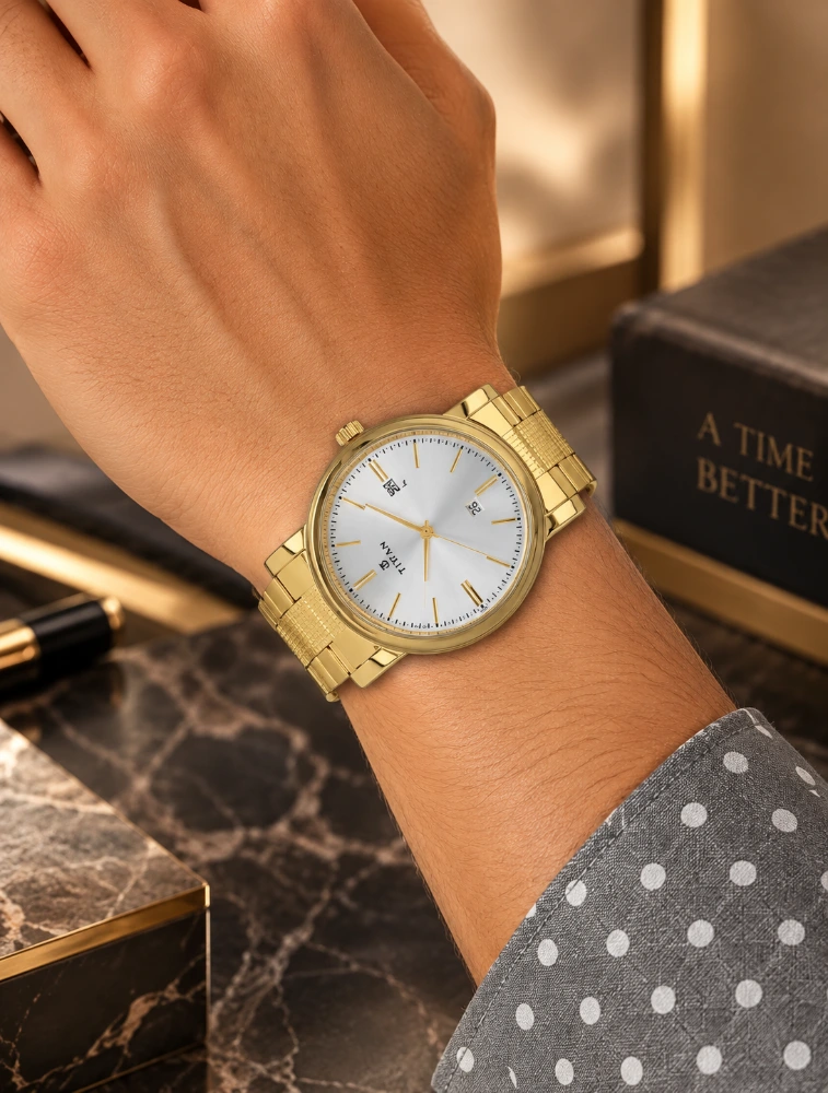 Titan Quartz Analog With Date Silver Dial Golden Stainless Steel Strap Watch For Men NU1712YM02