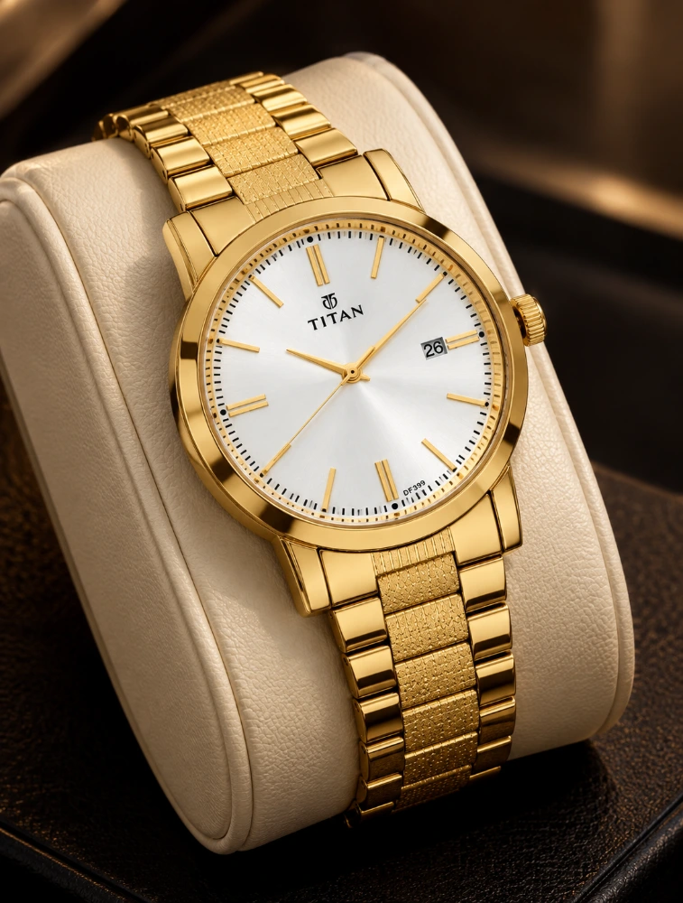 Titan Quartz Analog With Date Silver Dial Golden Stainless Steel Strap Watch For Men NU1712YM02