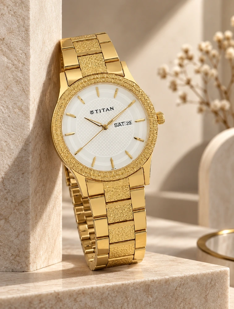 Titan Quartz Analog with Day And Date Silver Dial Golden Stainless Steel Strap Watch For Men
