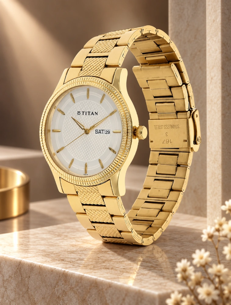 Titan Quartz Analog with Day And Date Silver Dial Golden Stainless Steel Strap Watch For Men