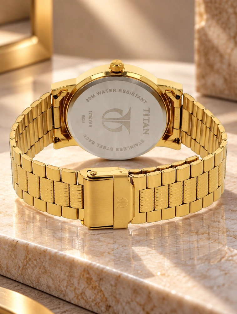 Titan Quartz Analog with Day And Date Silver Dial Golden Stainless Steel Strap Watch For Men